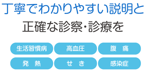 丁寧でわかりやすい説明と正確な診察・診療を  内科（生活習慣病・高血圧・腹痛・発熱・せき・感染症）